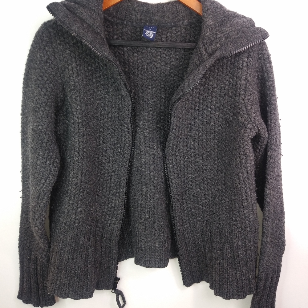 GAP L Thick Lambswool Zip Front Sweater in Charcoal Gray